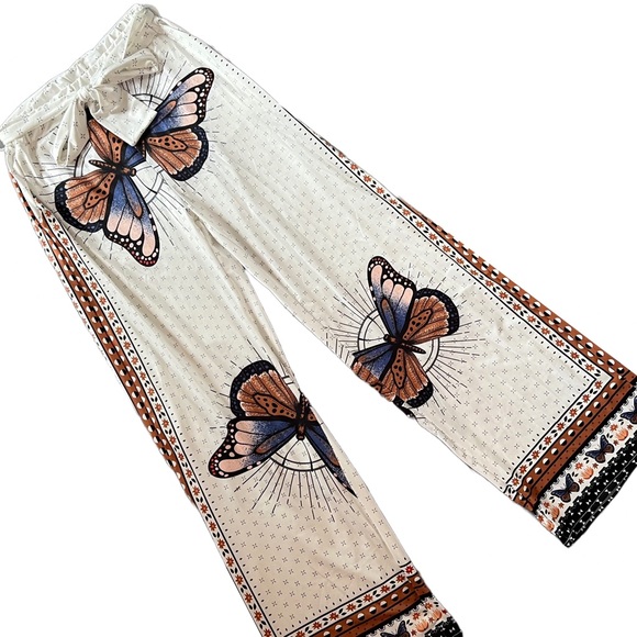 WHITE/ORANGE/PURPLE WIDE LEG BUTTERFLY PRINT PALAZZO SUMMER PANT WITH POCKETS - Picture 3 of 8